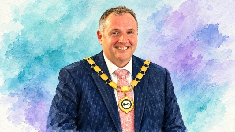 Watercolour illustration of Nicky Cassidy wearing the Northern Ireland Hotels Federation president’s chain