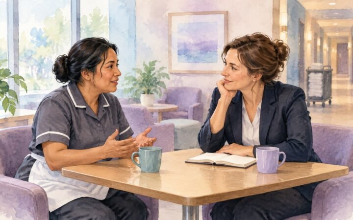 A hotel employee and manager having a private one-to-one conversation in a staff lounge.
