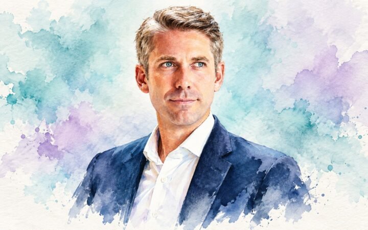 AI-generated watercolour portrait of Pieter Ham against light teal and lavender washes