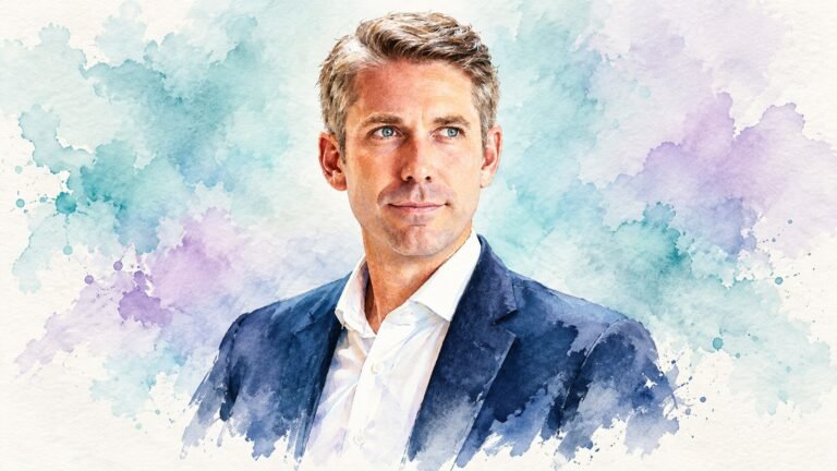 AI-generated watercolour portrait of Pieter Ham against light teal and lavender washes