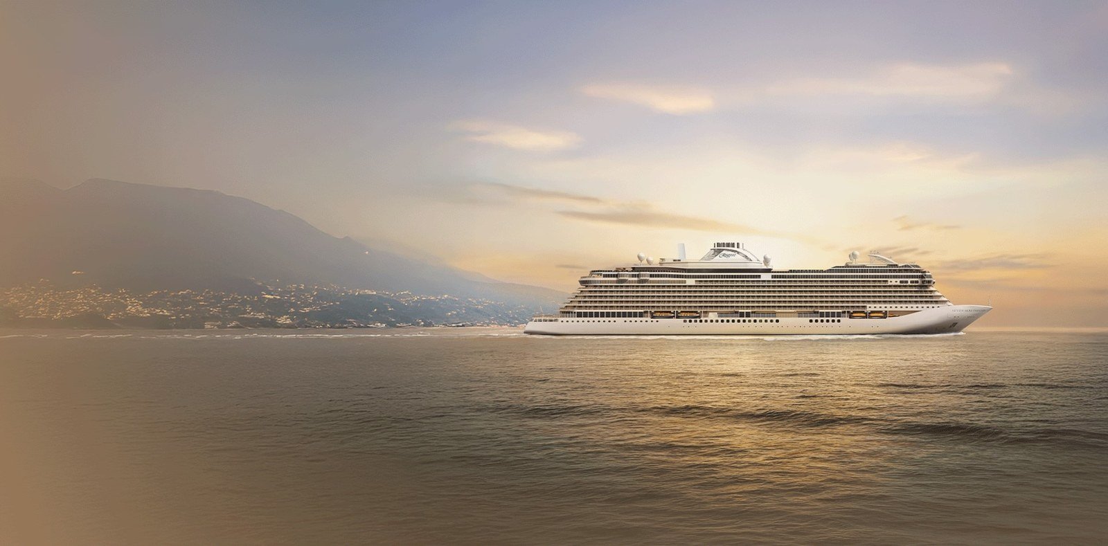 Official rendering of Seven Seas Prestige sailing past a mountainous coastline at sunset