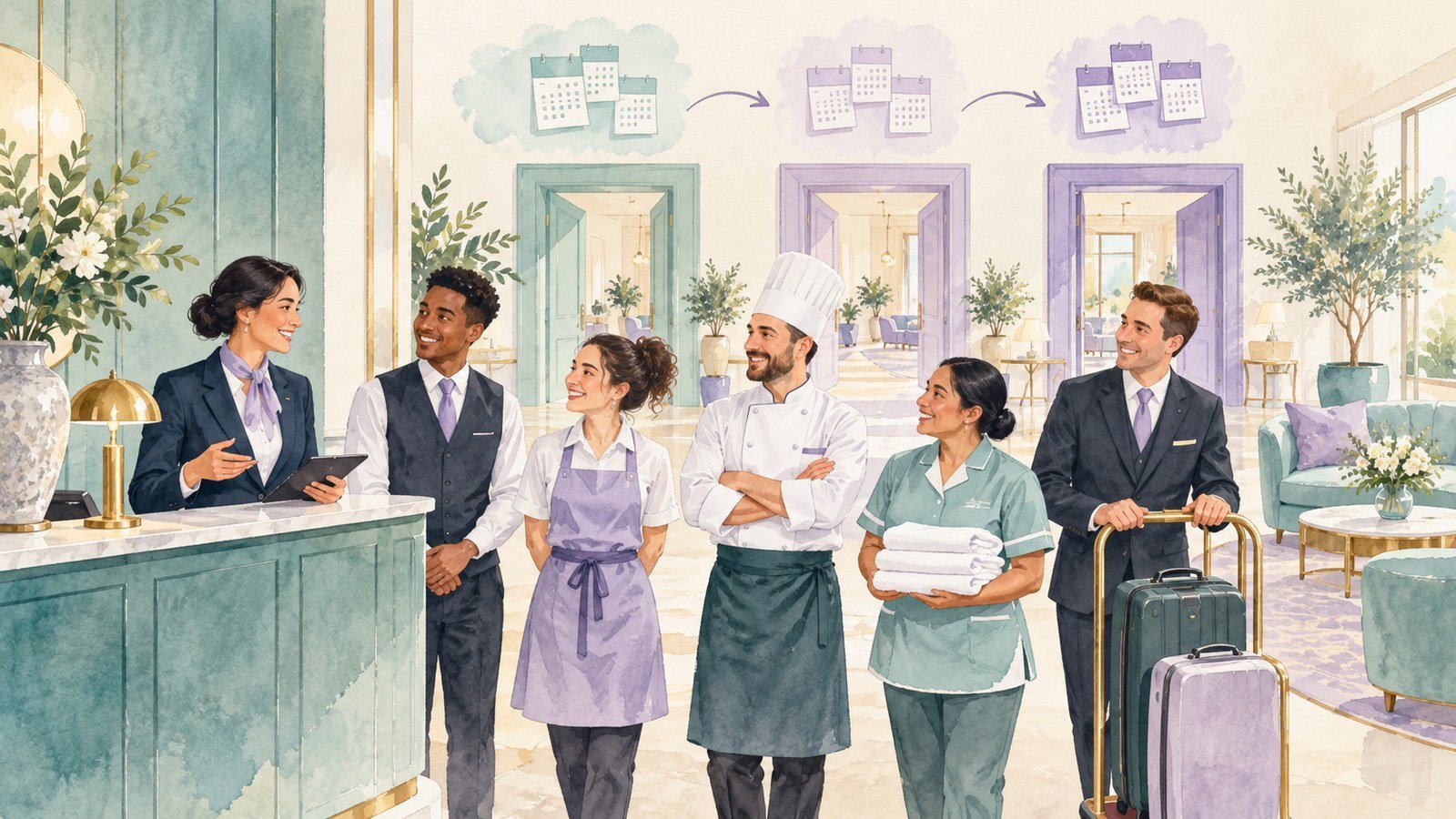 Watercolour illustration of hotel employees progressing together through an induction period.