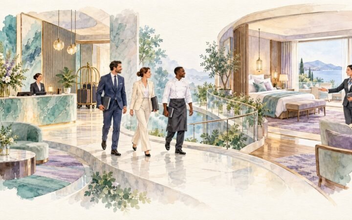 Hotel colleagues moving between connected properties in a teal and lilac watercolour illustration.