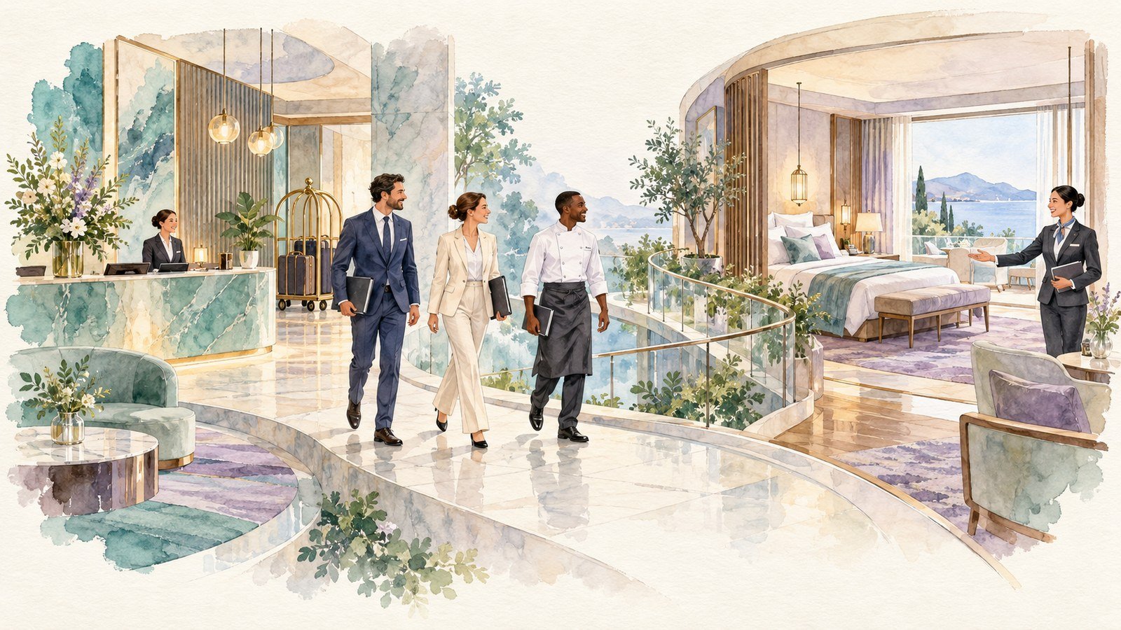 Hotel colleagues moving between connected properties in a teal and lilac watercolour illustration.