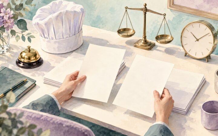 A watercolour HR desk with hospitality role objects and balanced papers representing salary comparisons.