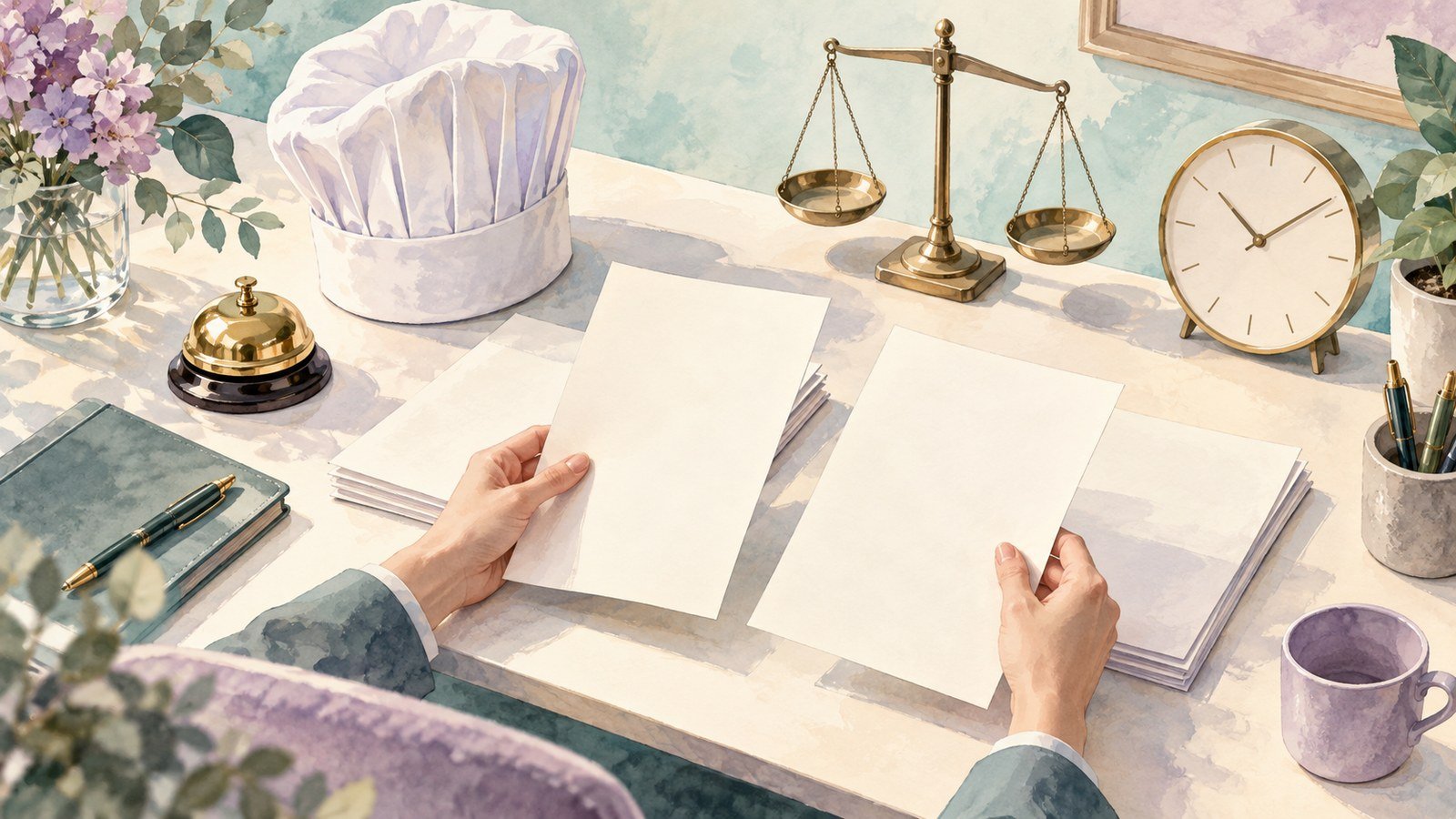 A watercolour HR desk with hospitality role objects and balanced papers representing salary comparisons.