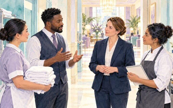 A hotel manager listening to colleagues during a shift briefing, illustrated in teal and lilac watercolour.