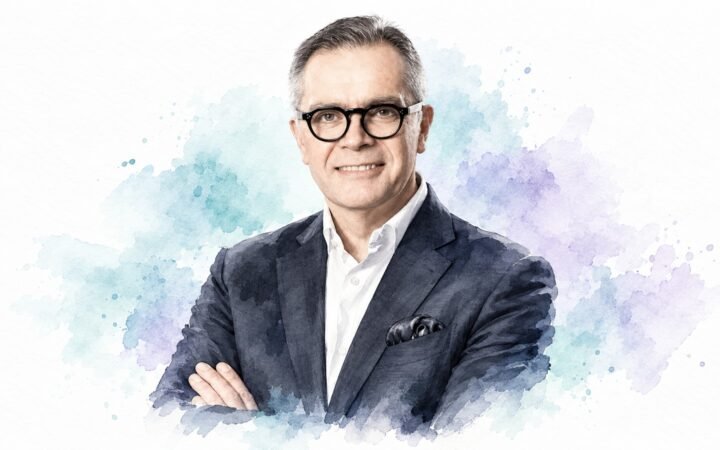 AI-generated watercolour portrait of Richard Cooke, incoming general manager of Hotel Bel-Air.