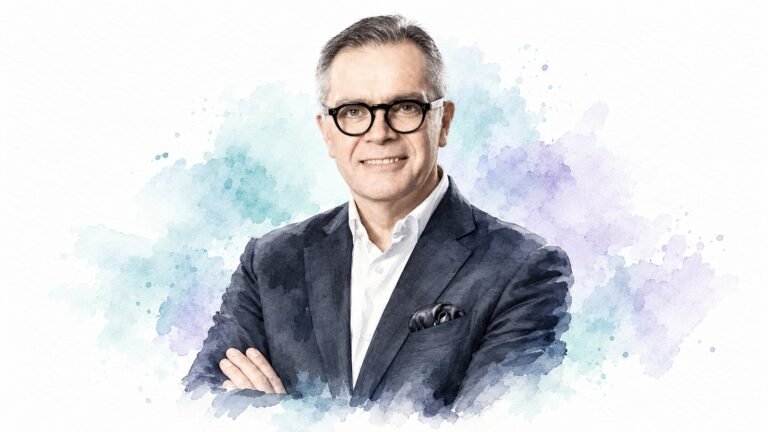 AI-generated watercolour portrait of Richard Cooke, incoming general manager of Hotel Bel-Air.