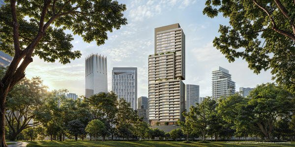 Architectural rendering of Rosewood Residences Bangkok viewed beyond the trees of Lumphini Park.