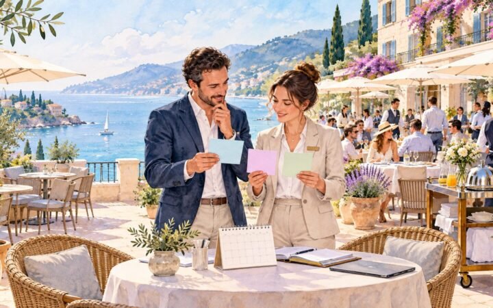 Hotel planners comparing seasonal staffing options beside quiet and busy terrace settings.