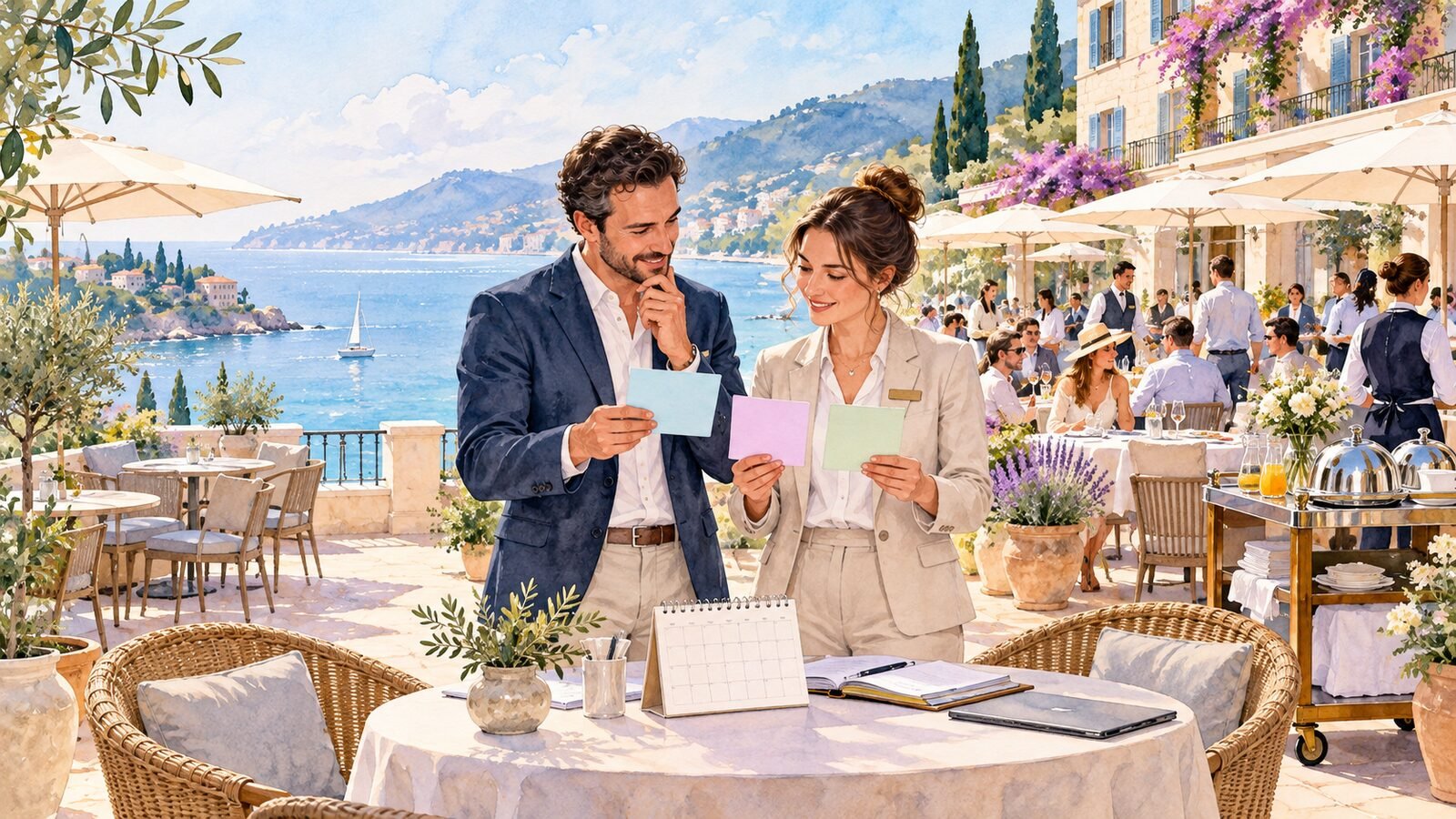 Hotel planners comparing seasonal staffing options beside quiet and busy terrace settings.