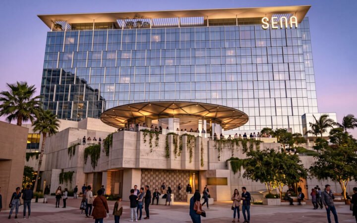 Architectural rendering of the planned SENA Anaheim hotel overlooking OCVIBE’s plaza.
