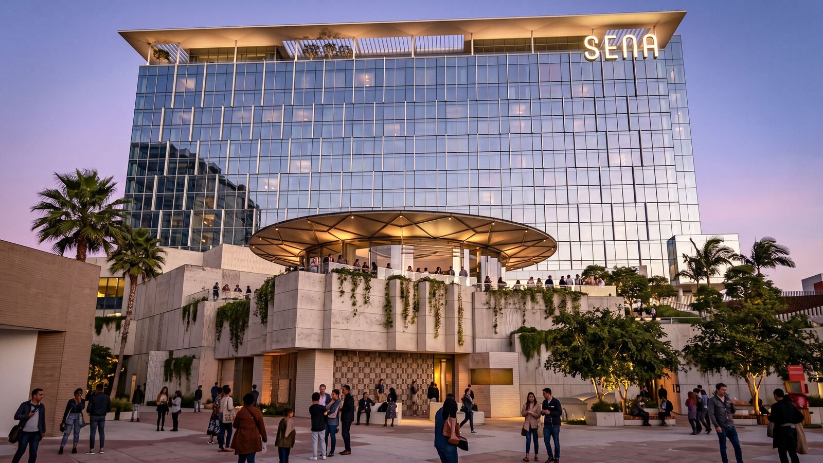 Architectural rendering of the planned SENA Anaheim hotel overlooking OCVIBE’s plaza.