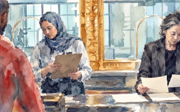 Watercolour of a hotel hiring panel reviewing a clipboard and plain assessment sheets, with a colleague in the foreground.