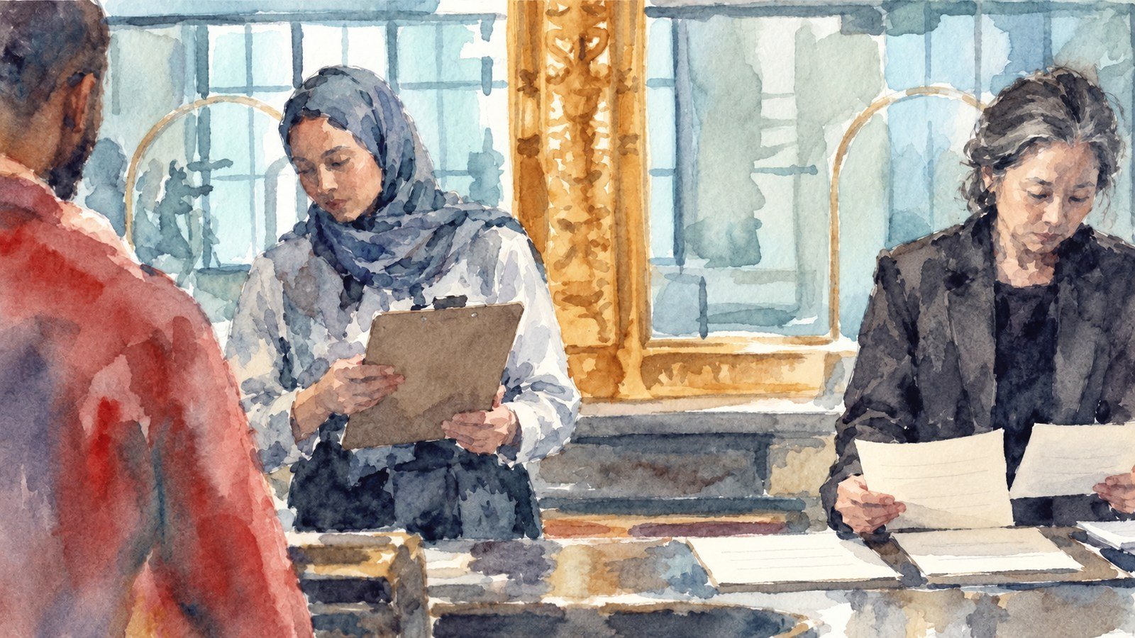 Watercolour of a hotel hiring panel reviewing a clipboard and plain assessment sheets, with a colleague in the foreground.