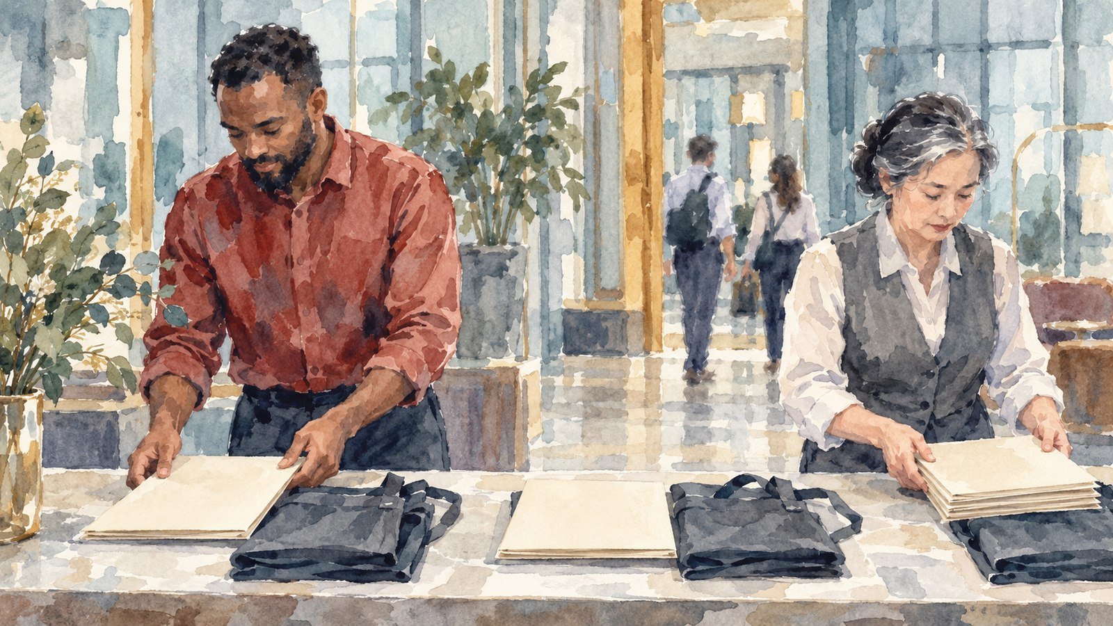 Watercolour of two hotel colleagues preparing multiple plain onboarding folders and folded aprons for an expanding staff team.