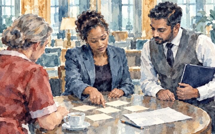 Watercolour of hotel HR, operations and housekeeping colleagues reviewing plain role cards and a rota during recruitment planning.