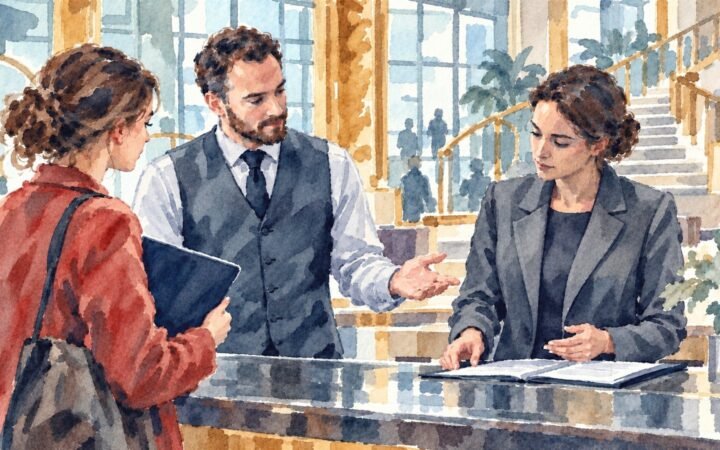 Watercolour of a hotel employee introducing a candidate with a folder to a manager at the reception counter.
