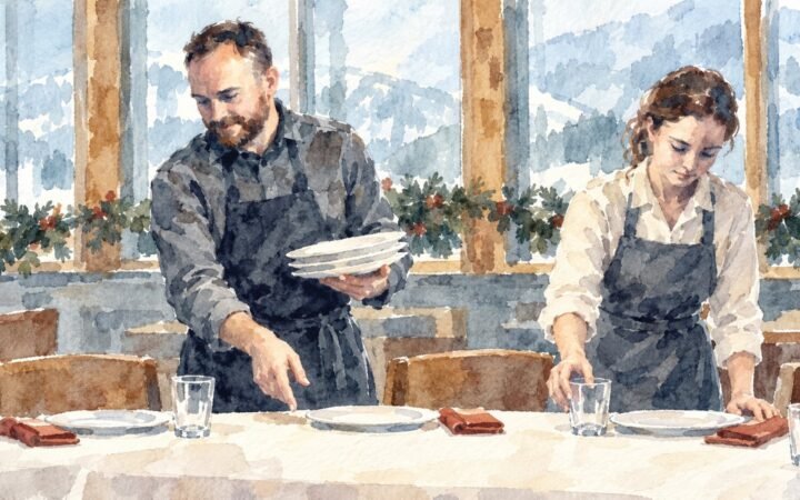 Watercolour of two adult hotel restaurant servers preparing plates and glasses for seasonal service.