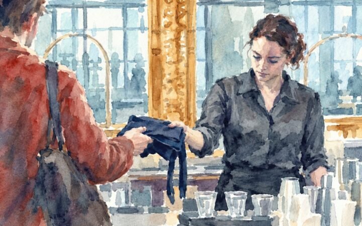 Watercolour of a departing restaurant worker handing a folded navy apron to a manager, with neutral downcast faces and broad uneven washes.