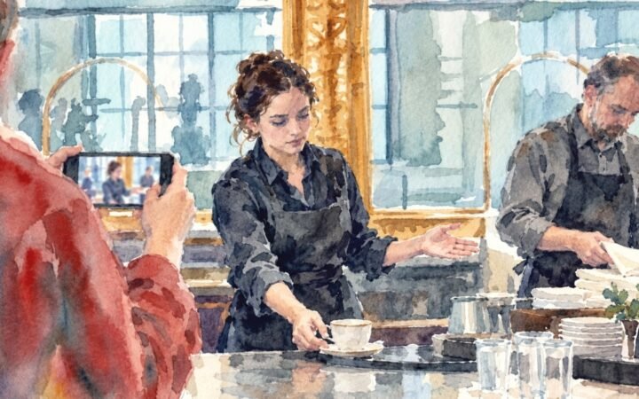 Watercolour of a colleague recording hotel employees demonstrating everyday service to share an authentic view of their workplace.