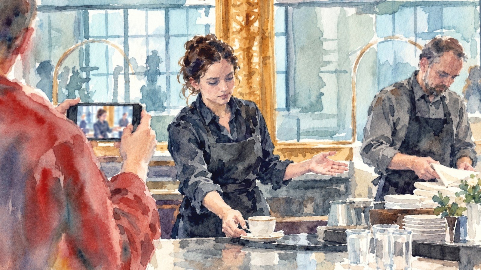 Watercolour of a colleague recording hotel employees demonstrating everyday service to share an authentic view of their workplace.