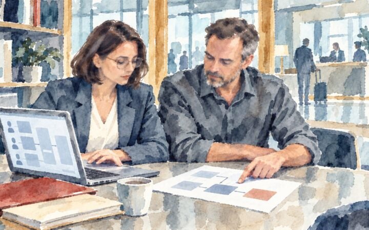 Watercolour of two hospitality recruiters reviewing a hiring flowchart on a laptop and paper, with a hotel reception behind them.