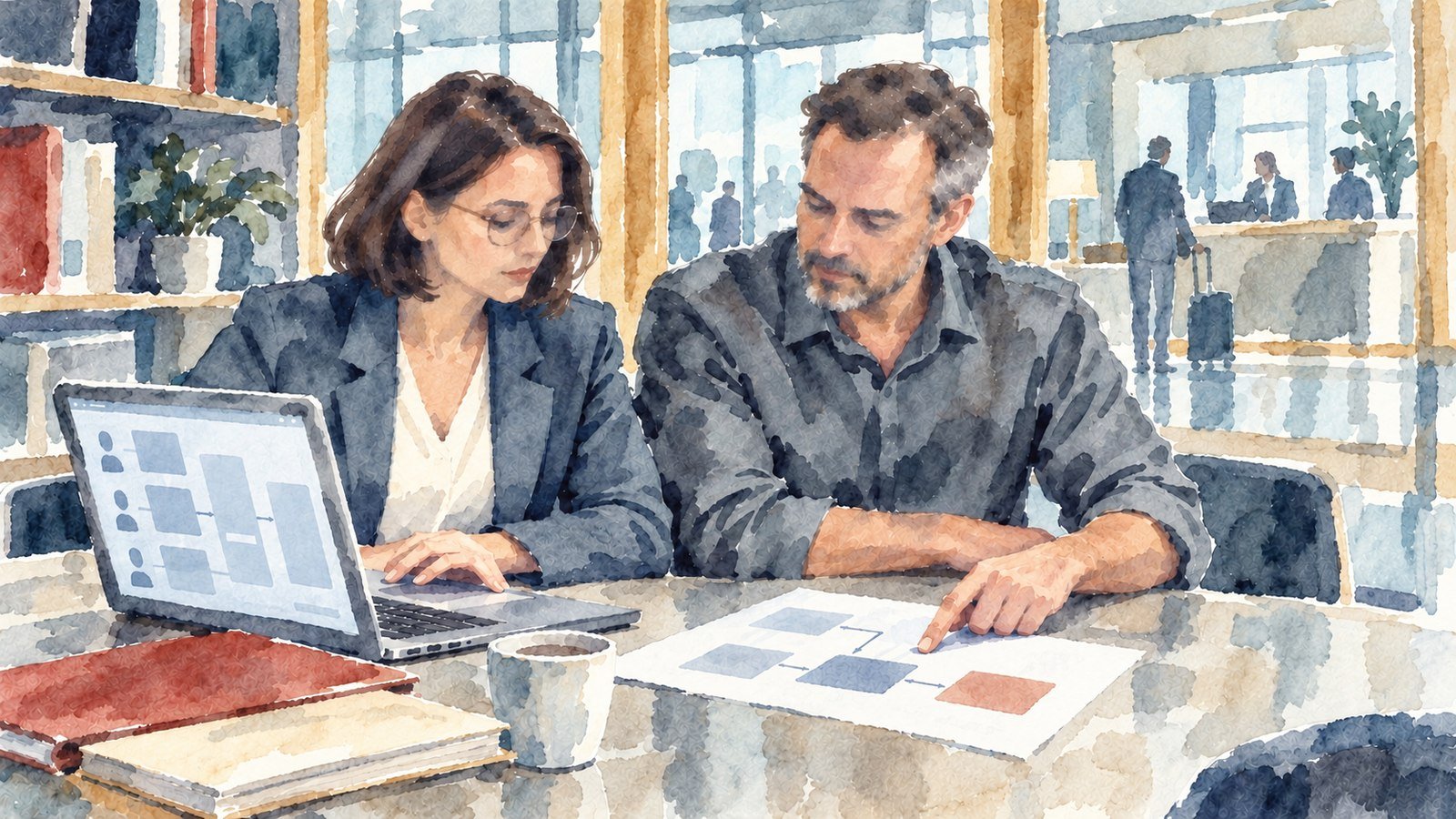 Watercolour of two hospitality recruiters reviewing a hiring flowchart on a laptop and paper, with a hotel reception behind them.