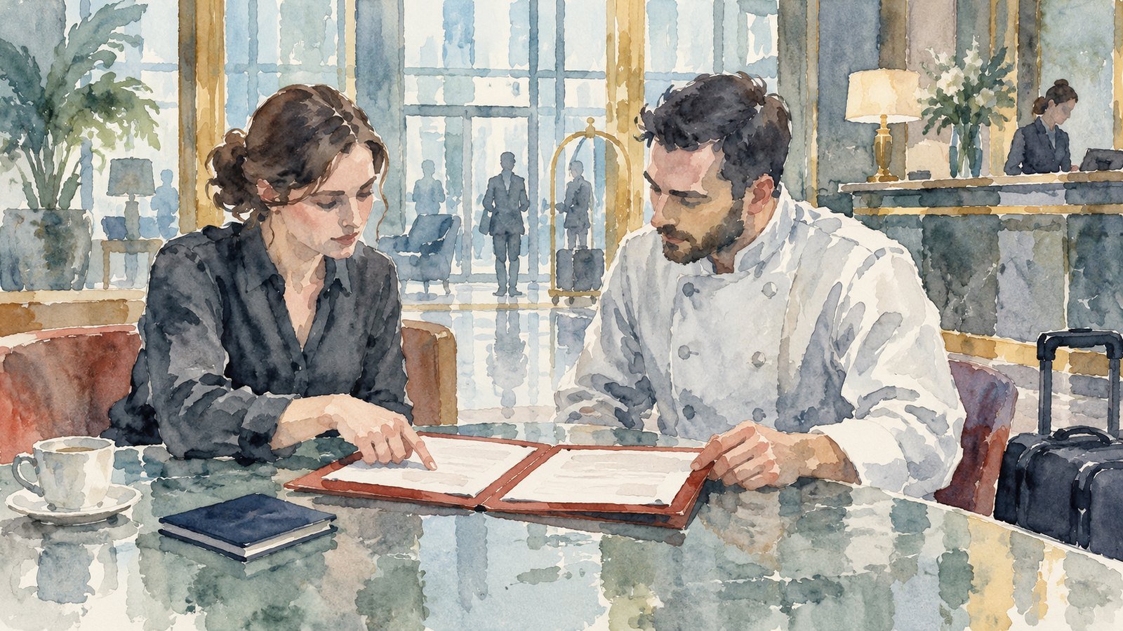 Watercolour of a hotel recruiter reviewing unlabelled onboarding documents with an adult chef candidate, with a travel bag beside his chair.