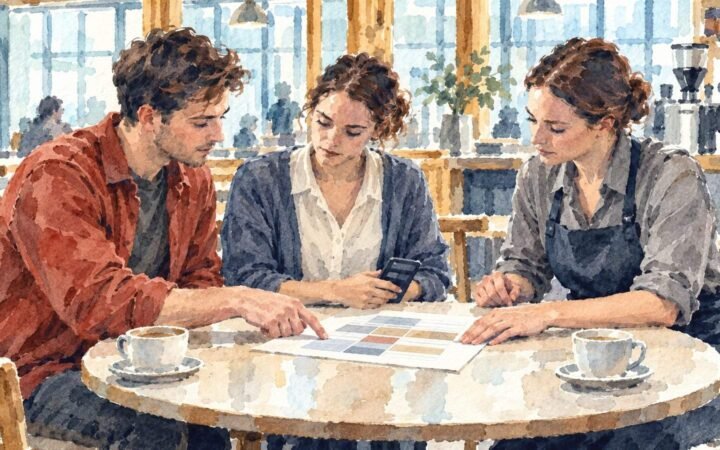 Watercolour of two young adult candidates reviewing a simple rota with a cafe manager, with one candidate holding a phone.