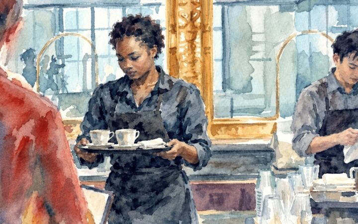 Watercolour of a hospitality candidate demonstrating balanced tray service while an assessor observes and a colleague prepares a napkin.