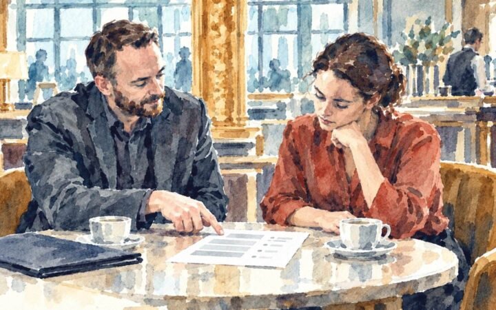 Watercolour of a hotel hiring manager and candidate reviewing a pay information sheet together at a lounge table.