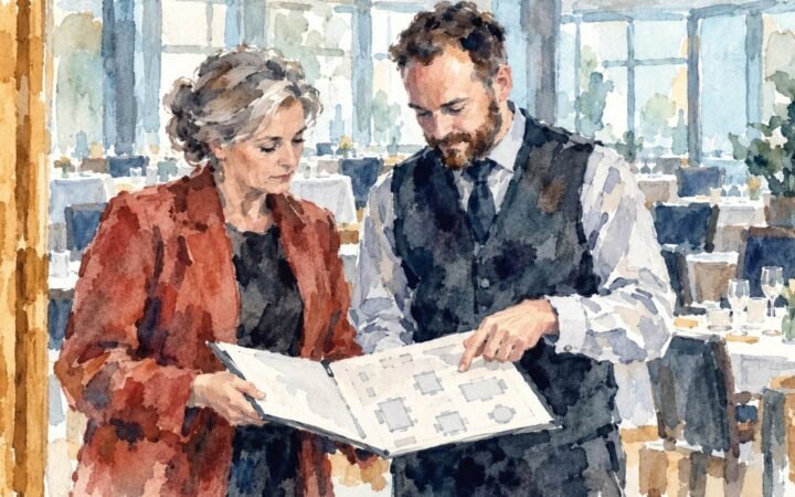 Watercolour of hotel HR and operations managers reviewing an unlabelled dining-room floor plan to plan workforce needs.