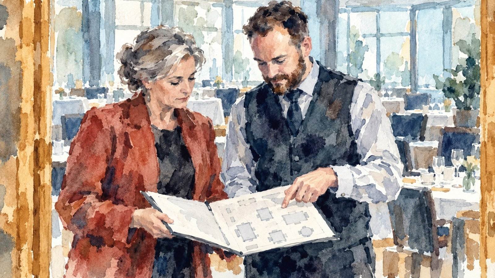 Watercolour of hotel HR and operations managers reviewing an unlabelled dining-room floor plan to plan workforce needs.
