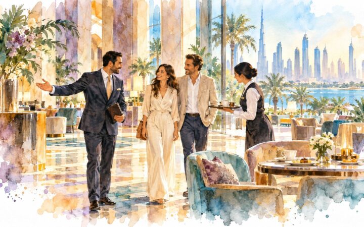 Watercolour illustration of Dubai luxury hotels, with concierge and restaurant colleagues welcoming guests.