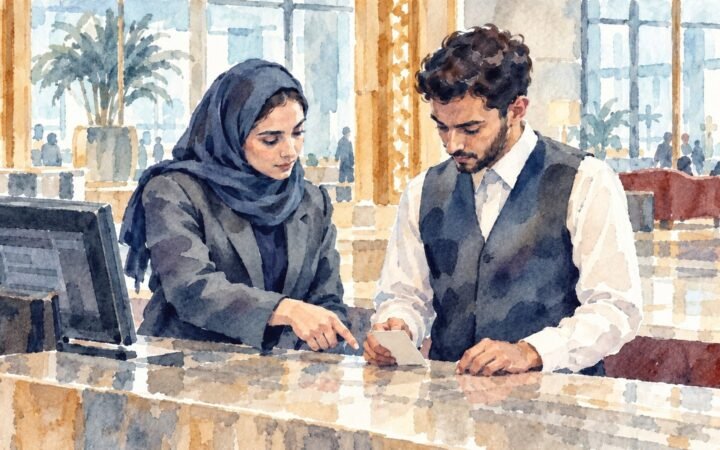 Watercolour of a Saudi hotel reception supervisor guiding an adult trainee through a check-in task with a blank key-card sleeve.