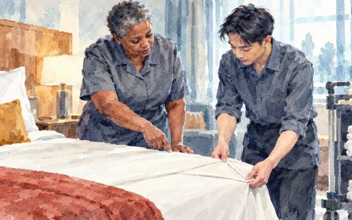 Watercolour of an adult hospitality apprentice learning to fold a bed-sheet corner with guidance from an experienced housekeeping mentor.