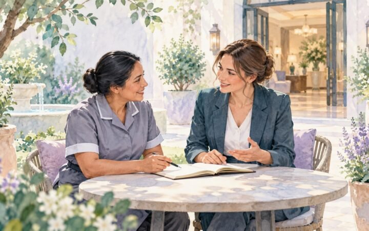 A hotel employee and manager discussing development in a quiet staff courtyard.