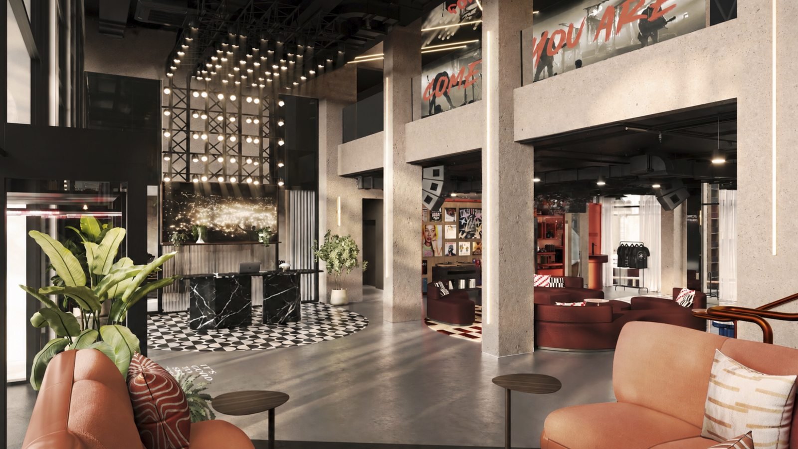 Rendering of the planned Tempo by Hilton Munich Airport Arena reception
